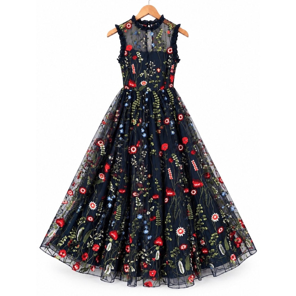 NEW City Studio Navy Floral Embroidered Mesh Gown Dress Junior Size 7 MSRP $159
